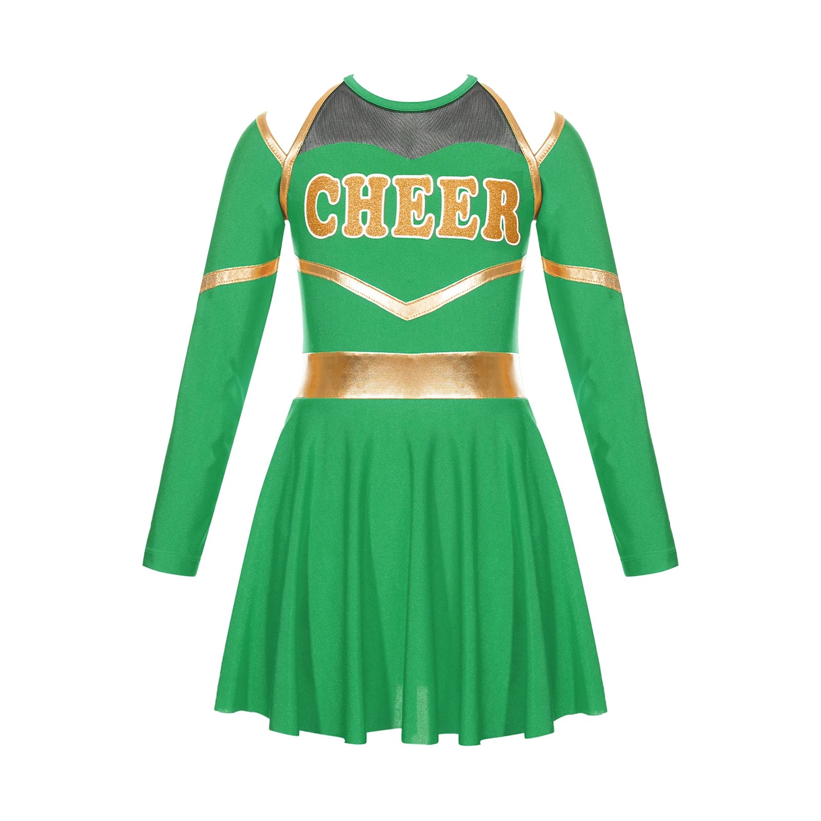 Girl Cheerleading Costumes Dance Uniform Long Sleeves Dance Dress with Hand Flowers Headwear Striped Socks for Stage Performance
