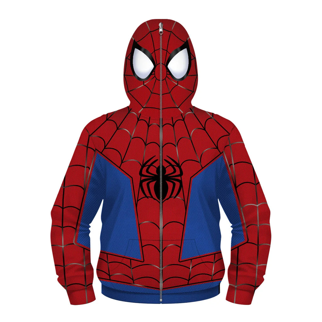 Anime Spiderman /Iron Man Full Zipper Hoodies Cosplay Costume Kids Boys Girls Superhero Cartoon Print Hooded Sweatshirts Outwear