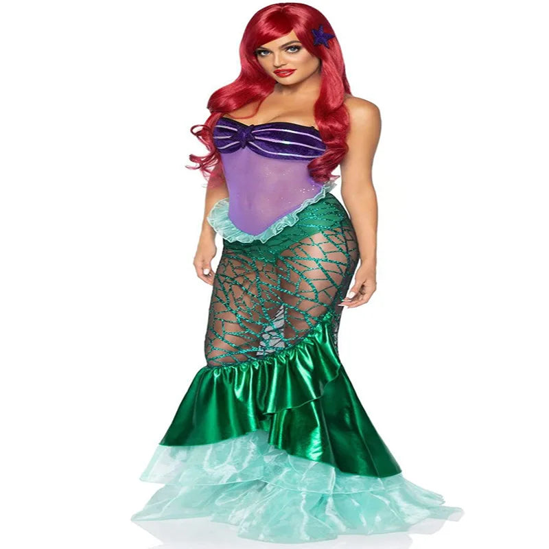 Anime Sexy Mermaid Ariel Princess Costumes Adult Women Halloween Mermaid Masquerade Uniforms Dress Up Fancy Sequins Ruffle Dress