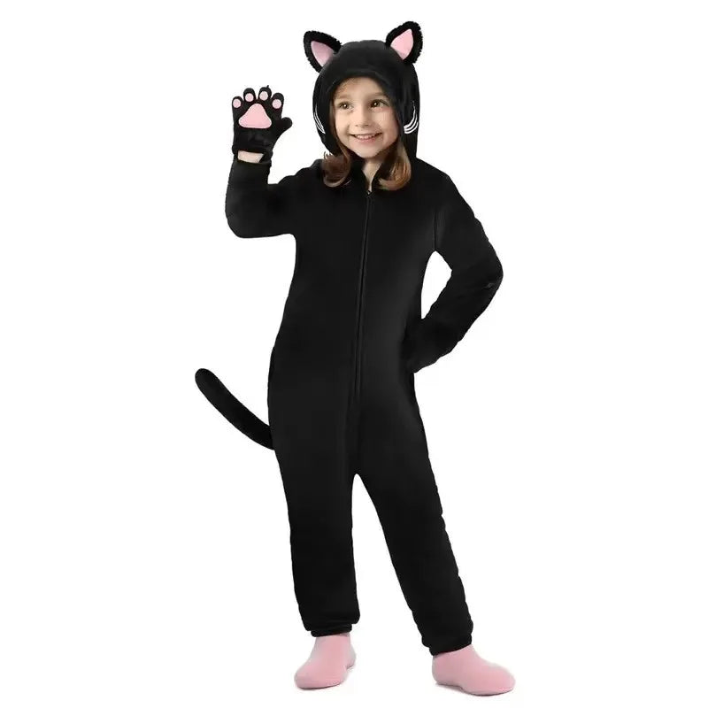 Girls Black Cat Leopard Cat Cosplay Costume Child Anime Pajamas Animal Onesies Kigurumi Christmas Halloween Jumpsuit Party Gift