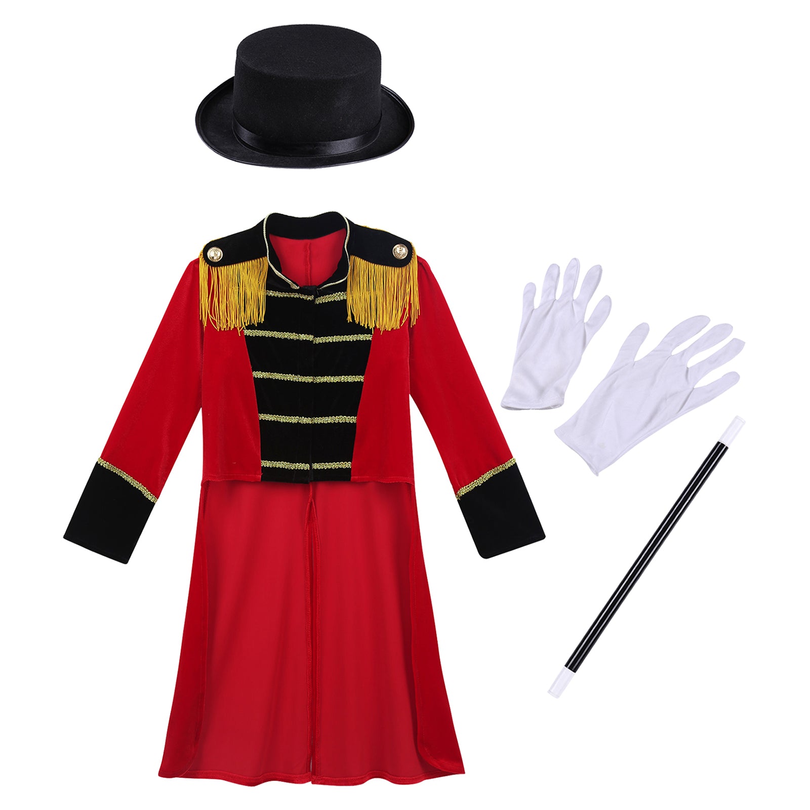 Boys Girls Halloween Circus Ringmaster Cosplay Performance Costume Long Sleeve Tassel Tailcoat with Hat Magic Wand Gloves Set