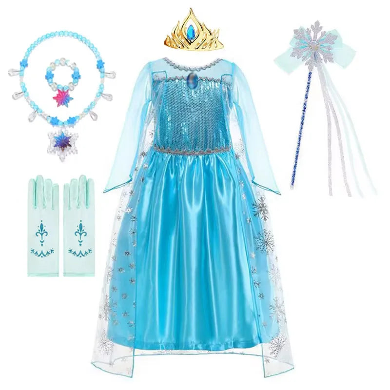 Disney Girls Elsa Princess Dress for Long Sleeve Kids Birthday Cosplay Frozen Costume Fancy 2025 Carnival Dress Up Party Costume