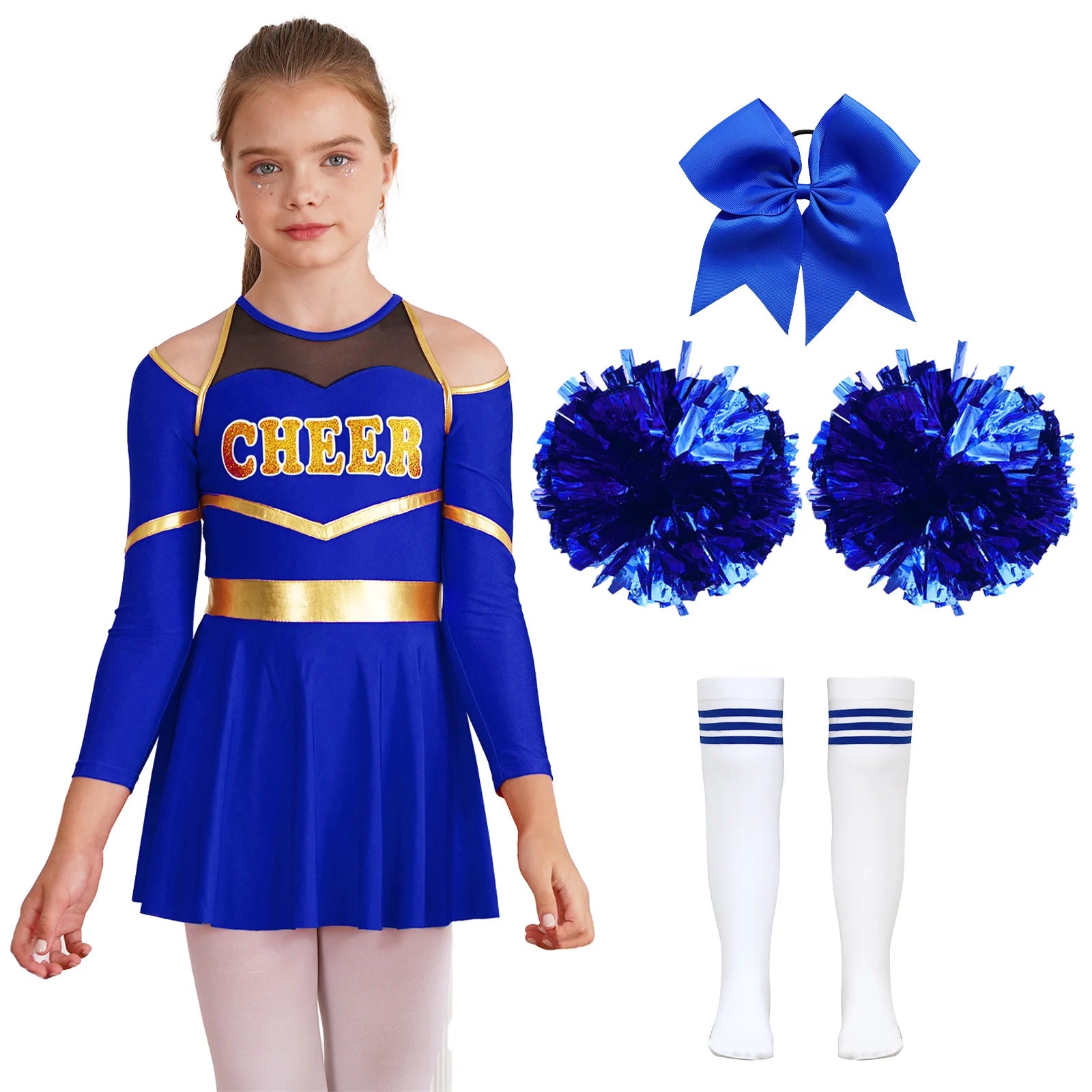 Girl Cheerleading Costumes Dance Uniform Long Sleeves Dance Dress with Hand Flowers Headwear Striped Socks for Stage Performance
