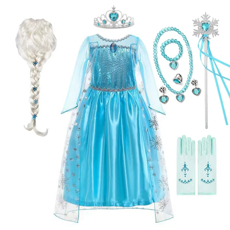 Disney Girls Elsa Princess Dress for Long Sleeve Kids Birthday Cosplay Frozen Costume Fancy 2025 Carnival Dress Up Party Costume