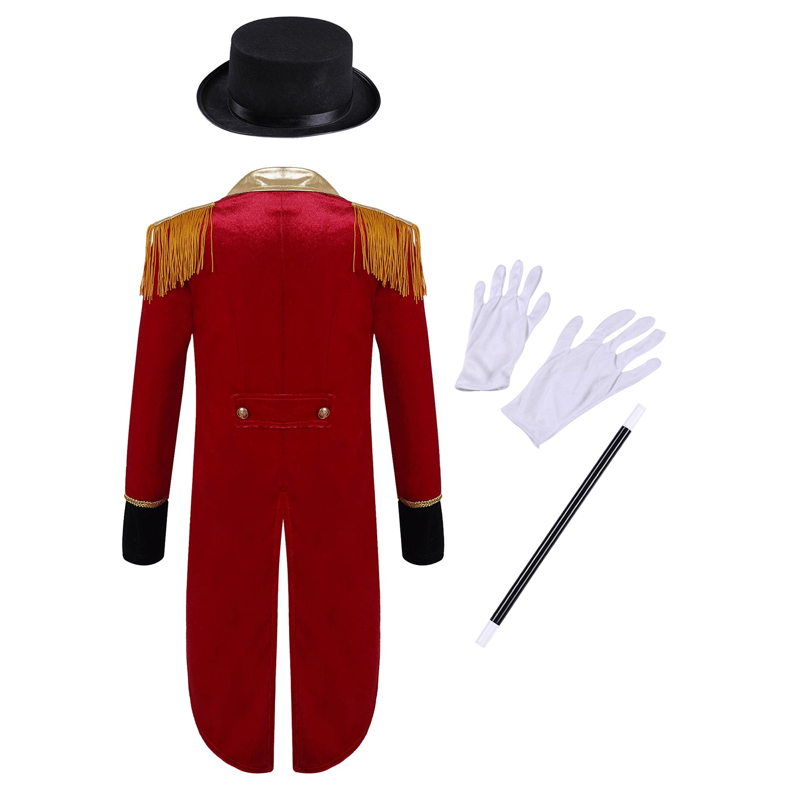 Boys Girls Halloween Circus Ringmaster Cosplay Performance Costume Long Sleeve Tassel Tailcoat with Hat Magic Wand Gloves Set