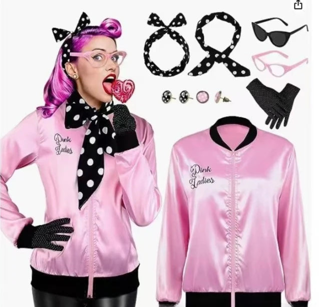 1950s Pink Lady Retro 50s Jacket Halloween Christmas Cosplay Costume Carnival Party Women Fancy Grease 50s Poodle Modern Coat