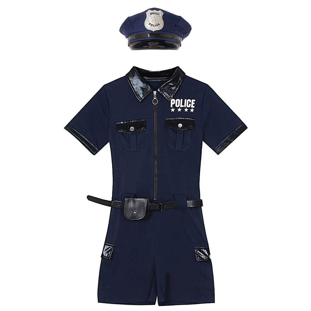 Women Cop Police Uniform Policewoman Cosplay Costume Zipper Short Sleeve Jumpsuit with Belt Purse Hat Halloween Party Clubwear