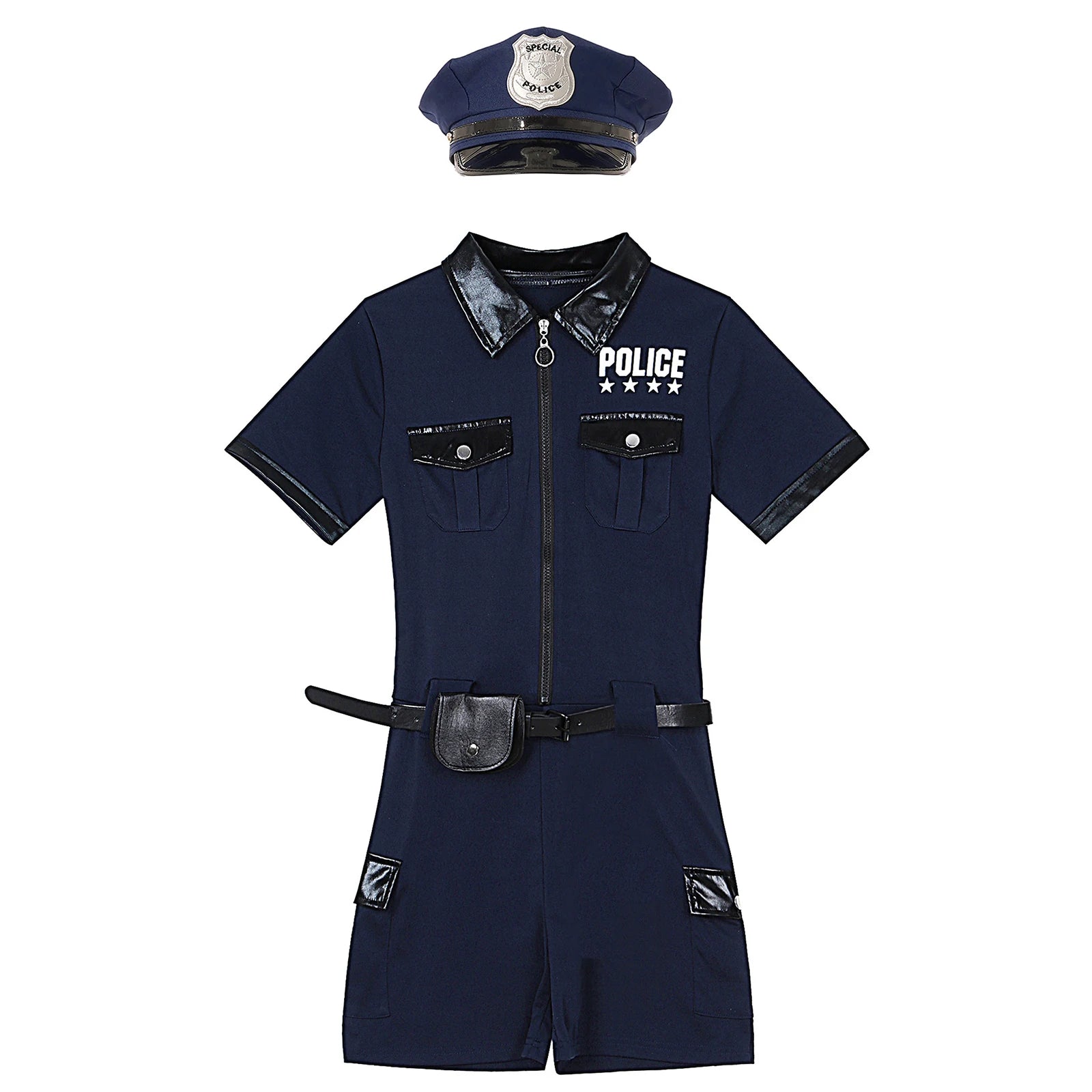Women Cop Police Uniform Policewoman Cosplay Costume Zipper Short Sleeve Jumpsuit with Belt Purse Hat Halloween Party Clubwear