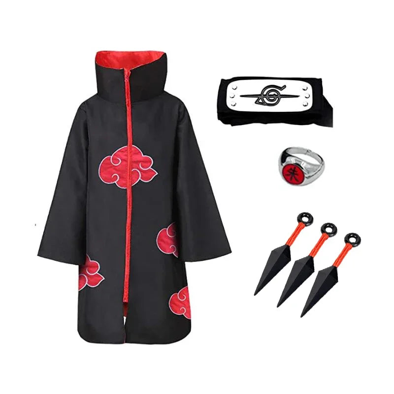 4 Pcs Naruto Costume Akatsuki Cloak Cosplay Sasuke Uchiha Cape Cosplay Itachi Clothing Cosplay costume 2pcs/Pair Colored Lenses