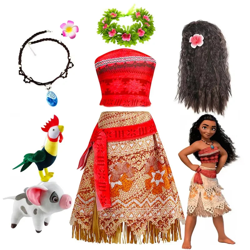 Disney Moana Dress for Kids Girls Princess Vaiana Cosplay Carnival Children Birthday Party Headwear Necklace Pet Pig Chicken Set