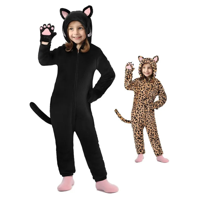 Girls Black Cat Leopard Cat Cosplay Costume Child Anime Pajamas Animal Onesies Kigurumi Christmas Halloween Jumpsuit Party Gift