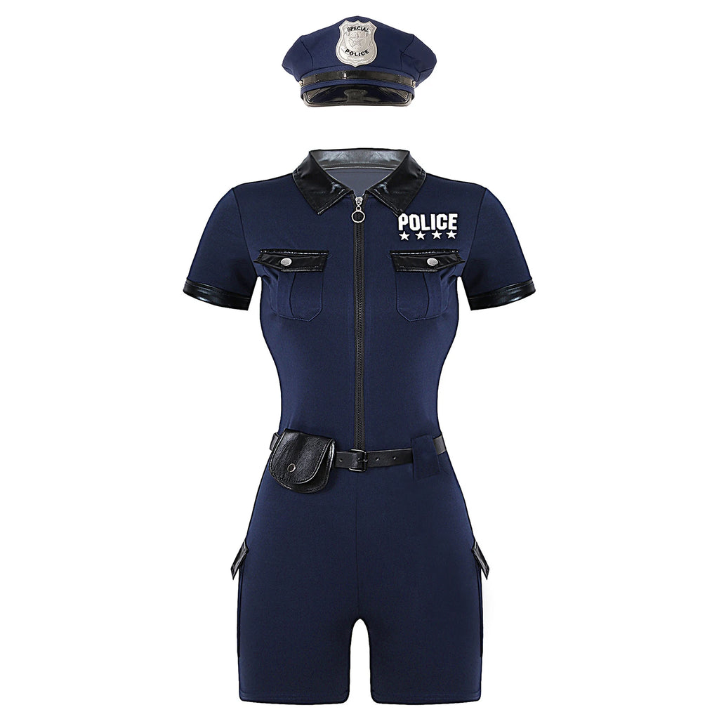 Women Cop Police Uniform Policewoman Cosplay Costume Zipper Short Sleeve Jumpsuit with Belt Purse Hat Halloween Party Clubwear