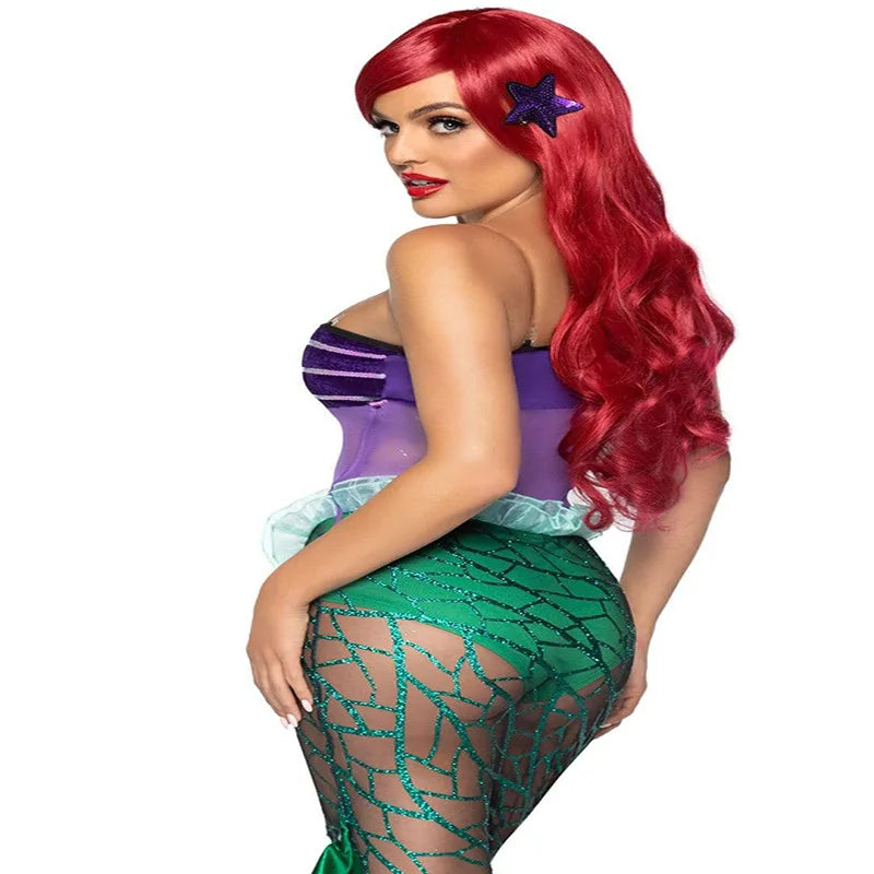 Anime Sexy Mermaid Ariel Princess Costumes Adult Women Halloween Mermaid Masquerade Uniforms Dress Up Fancy Sequins Ruffle Dress