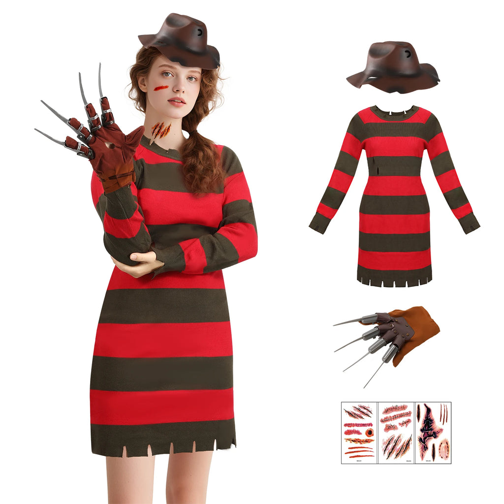 4Pcs Freddy Krueger Costume Women Halloween Nightmare Killer Knitted Dress Hat Gloves Scar Stickers Carnival Costume