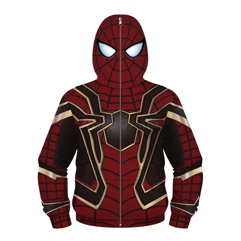 Anime Spiderman /Iron Man Full Zipper Hoodies Cosplay Costume Kids Boys Girls Superhero Cartoon Print Hooded Sweatshirts Outwear