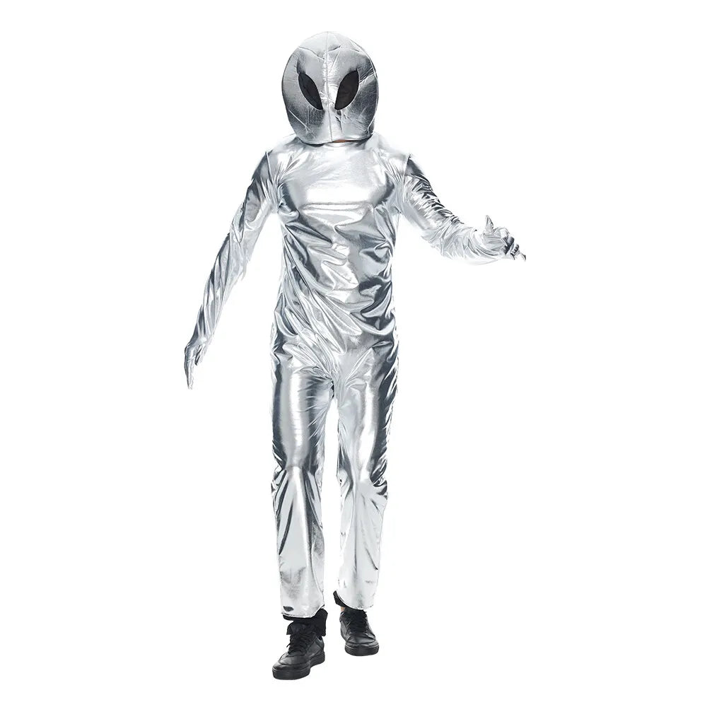 Adult Alien Costume Unisex Halloween Extraterrestrial Space Metallic Bodysuit with Hat Carnival Easter Purim Fancy Dress