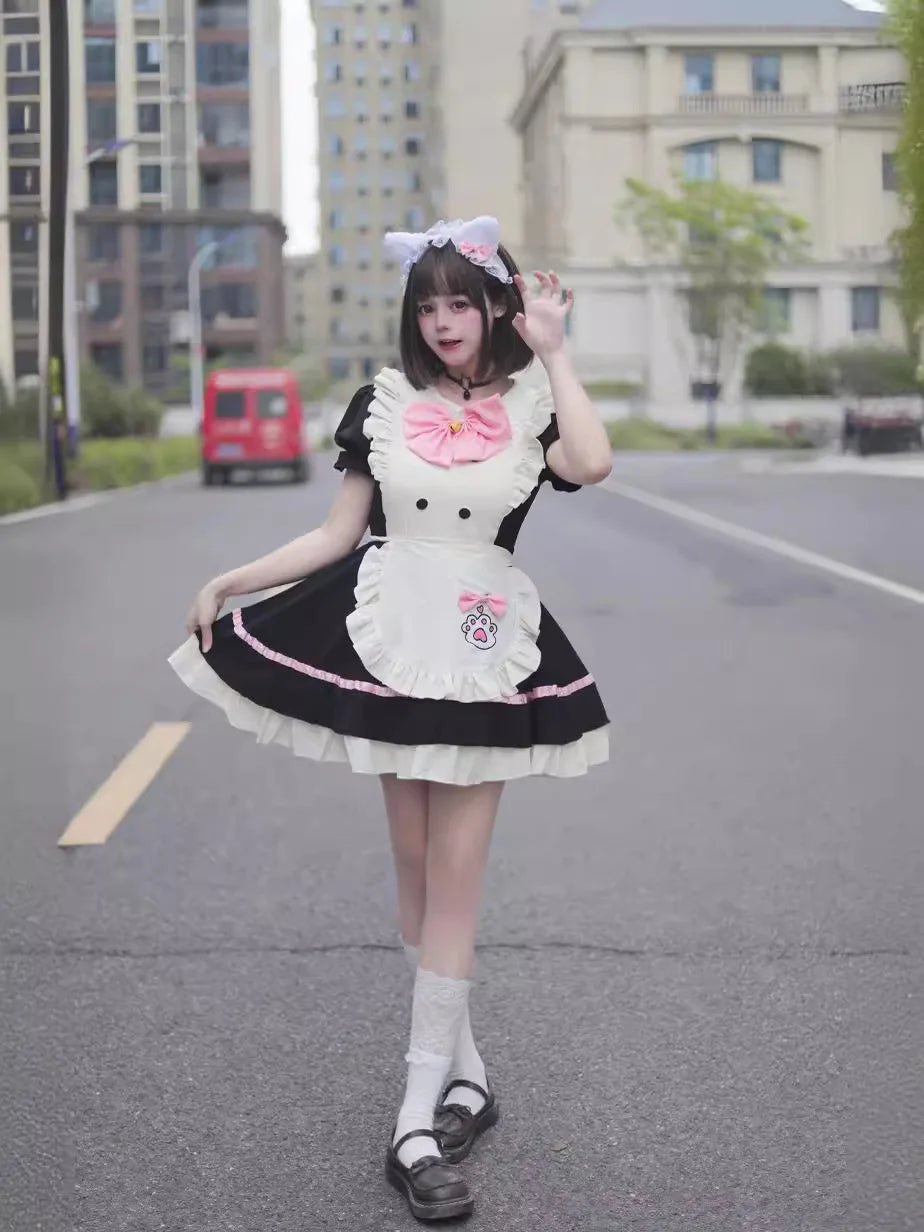 Color Cosplayer Cat Maid Dress Pink Bow Lolita Dress Halloween Party Cosplay Costume Anime Role Disguise Carnival Adult Clothing