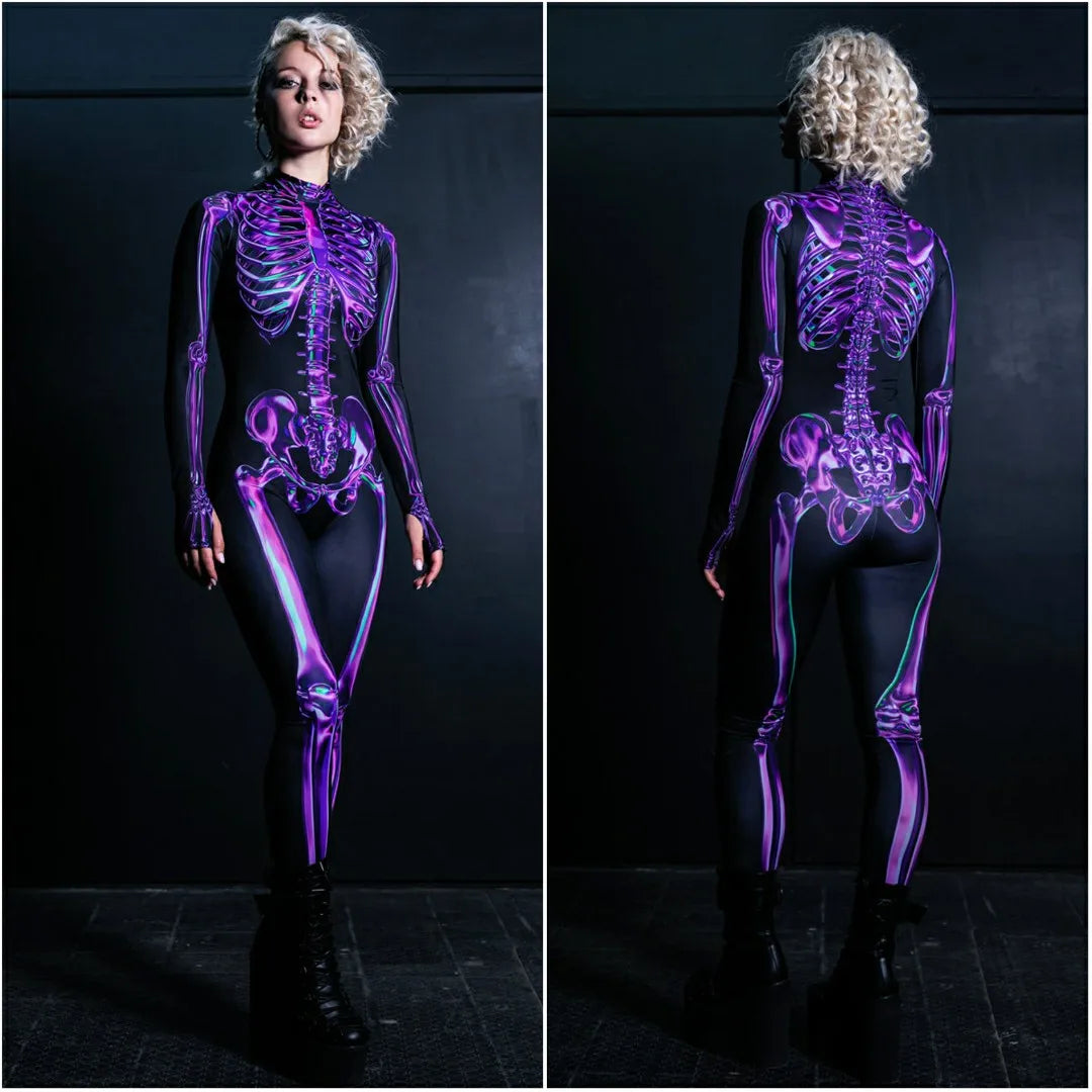 Adult Sexy Women Scary Ghost Skull Bone Costume Rose Skeleton Onesie Printed Bodysuit Devil Jumpsuit Halloween Clothing Zentai