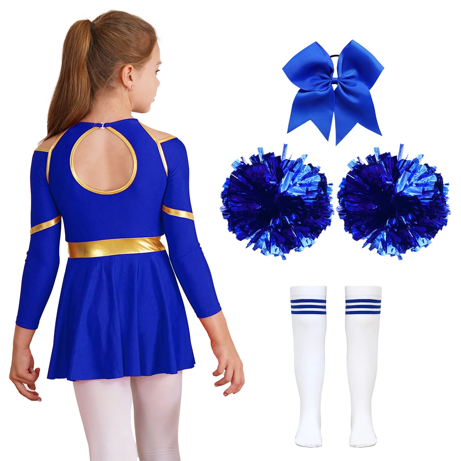 Girl Cheerleading Costumes Dance Uniform Long Sleeves Dance Dress with Hand Flowers Headwear Striped Socks for Stage Performance
