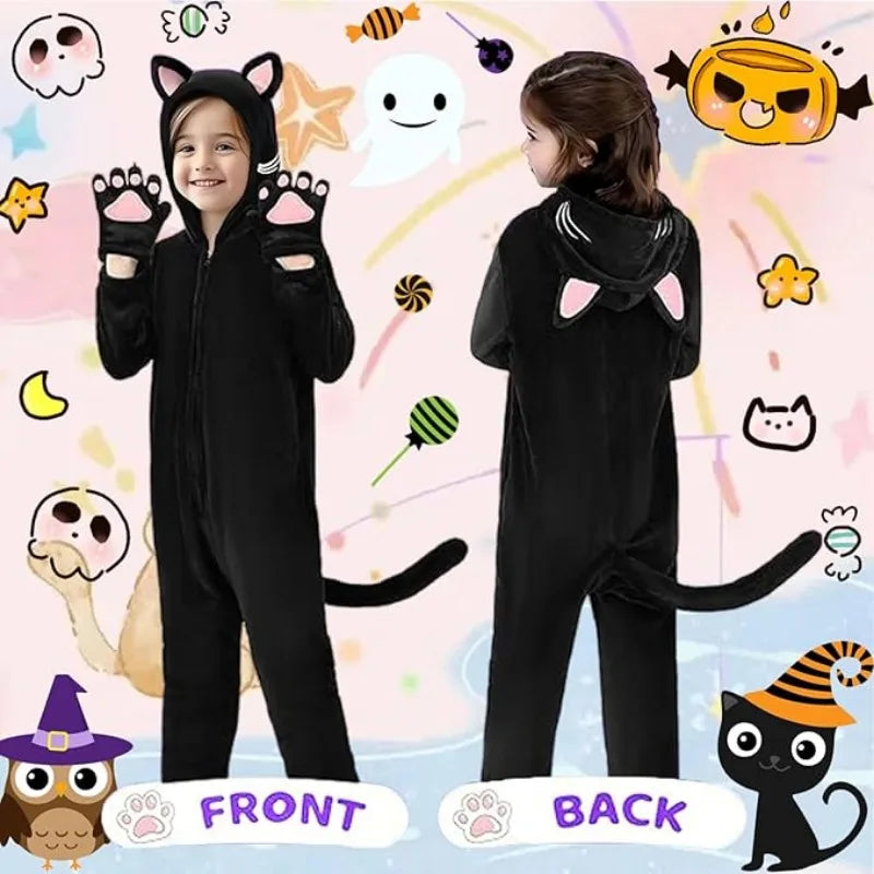 Girls Black Cat Leopard Cat Cosplay Costume Child Anime Pajamas Animal Onesies Kigurumi Christmas Halloween Jumpsuit Party Gift