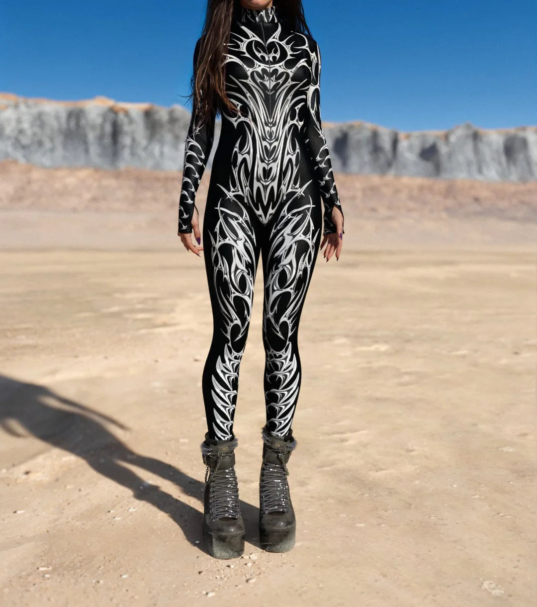 Gothic Cyber Cosplay Punk Jumpsuit Zentai Bodysuit Costume Halloween Party Performance Suit Colorful Print