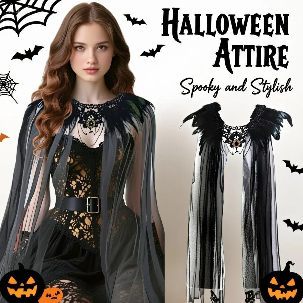 Fashion Gothic Witch Shawl Crystal Funny Halloween Cloak Black Party Tulle Cape Adults
