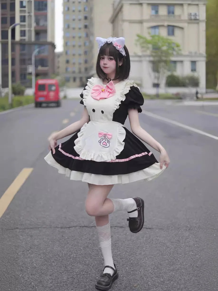 Color Cosplayer Cat Maid Dress Pink Bow Lolita Dress Halloween Party Cosplay Costume Anime Role Disguise Carnival Adult Clothing