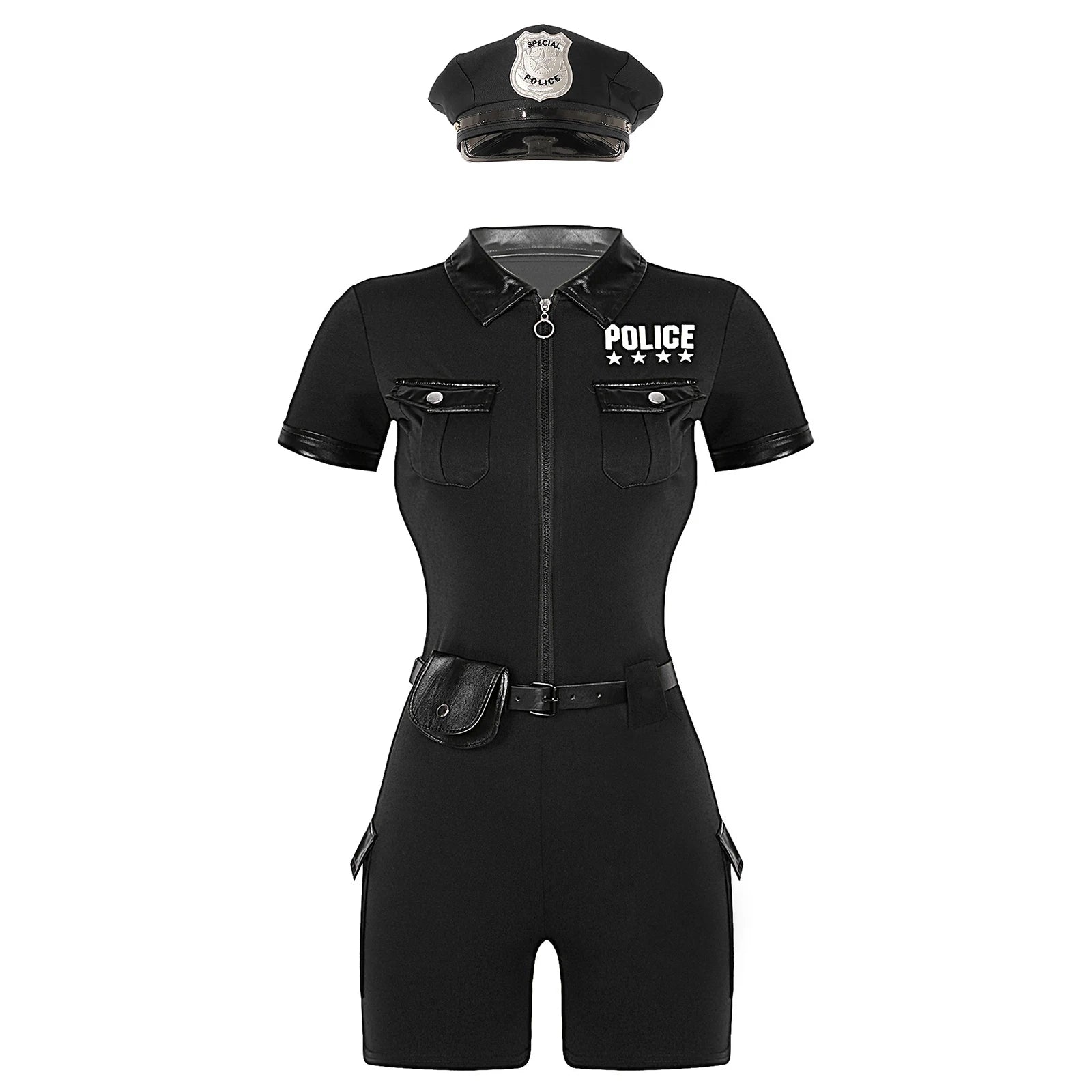 Women Cop Police Uniform Policewoman Cosplay Costume Zipper Short Sleeve Jumpsuit with Belt Purse Hat Halloween Party Clubwear