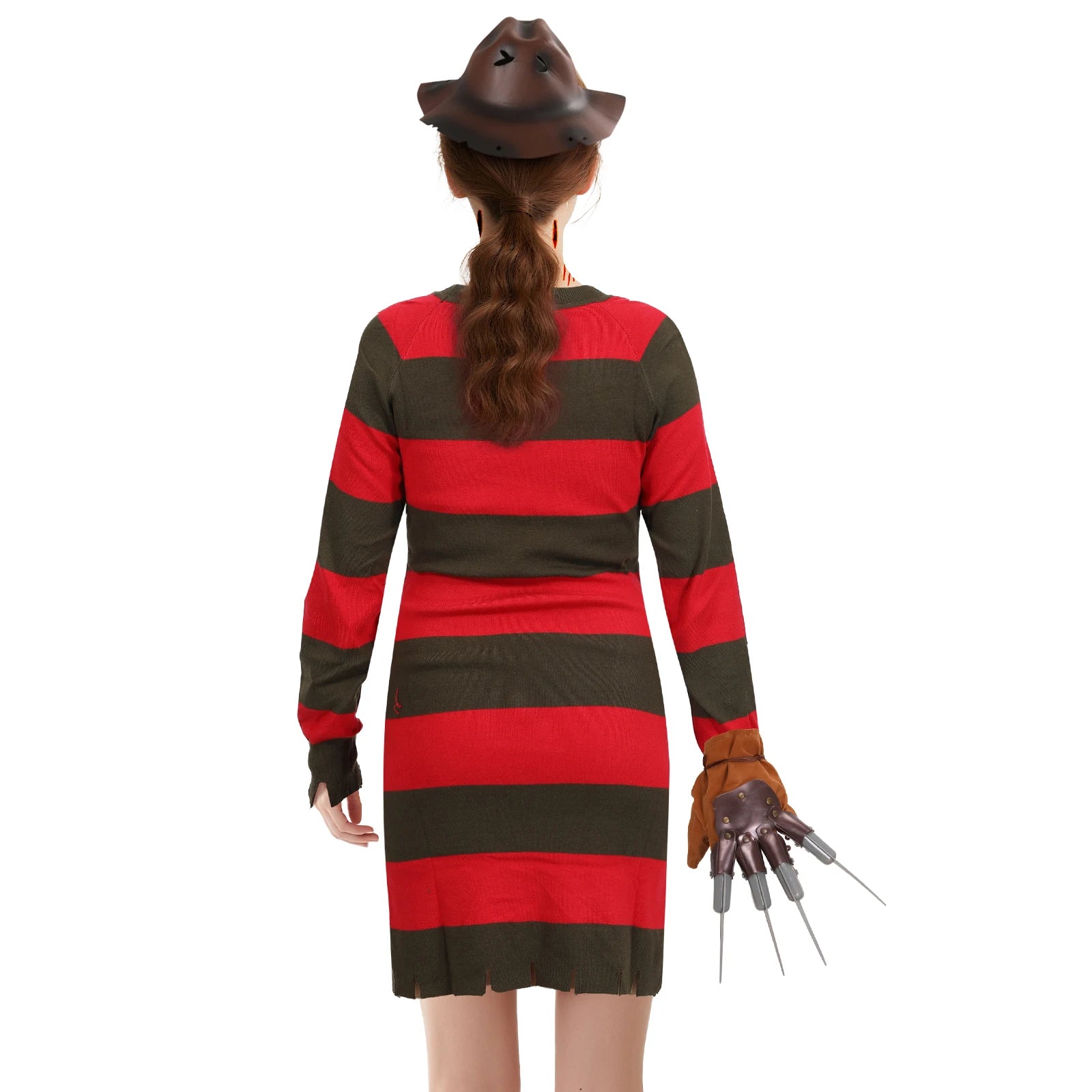 4Pcs Freddy Krueger Costume Women Halloween Nightmare Killer Knitted Dress Hat Gloves Scar Stickers Carnival Costume