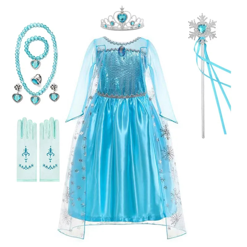 Disney Girls Elsa Princess Dress for Long Sleeve Kids Birthday Cosplay Frozen Costume Fancy 2025 Carnival Dress Up Party Costume